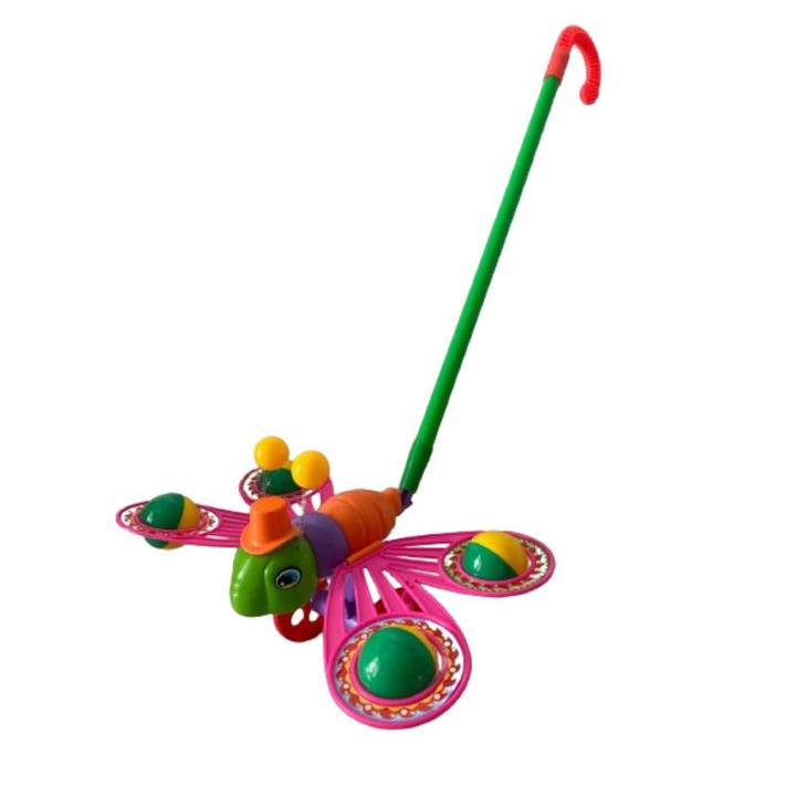 Jucarie de impins, fluture cu sunet, roz-verde, 3 ani
