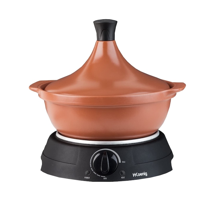 Електрическа тенджера H.Koenig Tajine, TAJ3, капацитет 3 л, теракот, 300 W, регулируема температура, бавна готварска печка, перфектно готвене, LED индикатор, червено/черно