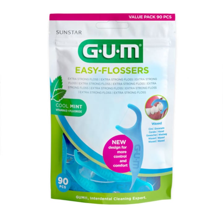GUM Easy Flossers fogselyem készlet, fogpiszkáló típus, könnyű csúszás, viaszos, ellenálló szál, 90 db