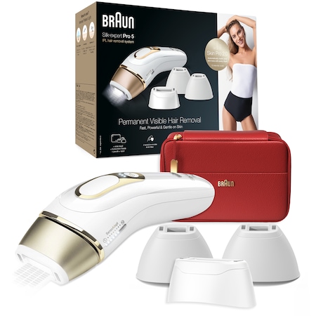 Epilator IPL Braun Silk-expert PRO 5 PL5387 Senzor automat & continuu Skin pro 2.0, 400.000 impulsuri, 10 niveluri de intensitate, 125 de impulsuri pe minut, 2 x cap de precizie, cap lat, Trusa de voiaj, Aparat de ras Venus Swirl, Alb/Auriu