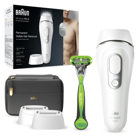 Epilator IPL Braun Silk-expert PRO 5 PL5145 Senzor automat & continuu Skin pro 2.0, 400.000 impulsuri, 10 niveluri de intensitate, 125 de impulsuri pe minut, cap lat, Trusa de voiaj, Aparat de ras Gillette, Alb