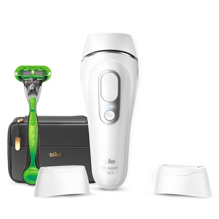 Epilator IPL Braun Silk-expert PRO 5 PL5145 Senzor automat & continuu Skin pro 2.0, 400.000 impulsuri, 10 niveluri de intensitate, 125 de impulsuri pe minut, cap lat, Trusa de voiaj, Aparat de ras Gillette, Alb