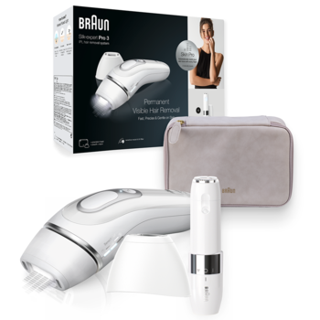 Epilator IPL Braun Silk-expert PRO 3 PL3139 Senzor automat & continuu Skin pro, 300.000 impulsuri, 3 niveluri de intensitate, 100 de impulsuri pe minut, cap de precizie, Trusa de voiaj, Aparat de ras Venus, Mini epilator facial, Alb