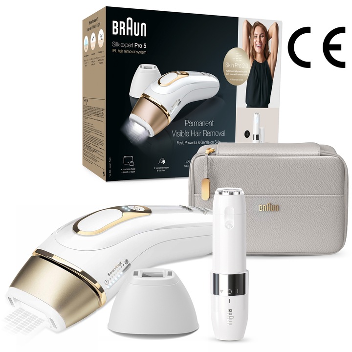 Фотоепилатор IPL Braun Silk-expert PRO 5 PL5159, Автоматичен и постоянен сензор Skin pro 2.0, 400 000 импулса, 10 нива на интензивност, 125 импулса в минута, Прецизна глава, Комплект за пътуване, Самобръсначка Venus, Мини епилатор за лице, Бял/Златист
