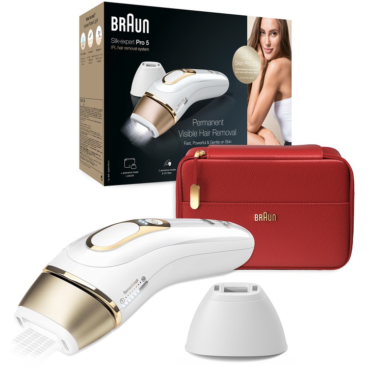 Braun Silk-expert PRO 5 PL5160 IPL epilátor, Skin Pro 2.0 automatikus és folyamatos érzékelő, 400 000 impulzus, 10 intenzitási szint, 125 impulzus percenként, precíziós fej, utazási készlet, fehér/arany