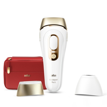 Epilator IPL Braun Silk-expert PRO 5 PL5160 Senzor automat & continuu Skin pro 2.0, 400.000 impulsuri, 10 niveluri de intensitate, 125 de impulsuri pe minut, cap de prezizie, Trusa de voiaj, Alb/Auriu