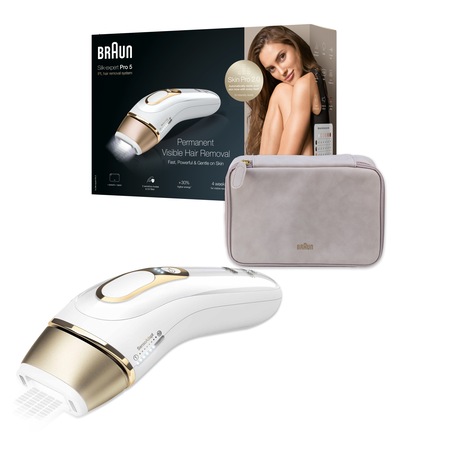 Epilator IPL Braun Silk-expert PRO 5 PL5054 Senzor automat & continuu Skin pro 2.0, 400.000 impulsuri, 10 niveluri de intensitate, 125 de impulsuri pe minut, Trusa de voiaj, Aparat de ras Venus, Alb/Auriu