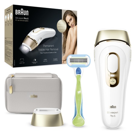 Epilator IPL Braun Silk-expert PRO 5 PL5054 Senzor automat & continuu Skin pro 2.0, 400.000 impulsuri, 10 niveluri de intensitate, 125 de impulsuri pe minut, Trusa de voiaj, Aparat de ras Venus, Alb/Auriu