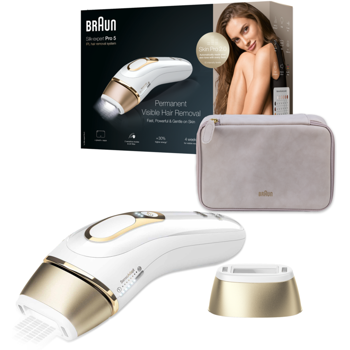 Braun Silk-expert Pro 5 PL5054 IPL-készülék 2 kiegészítővel, SkinPro 2.0 (SensoAdapt™), 400.000 villanás, 10 intenzitási szint, Arany/Fehér + Ajándék Venus borotva, puha tasak