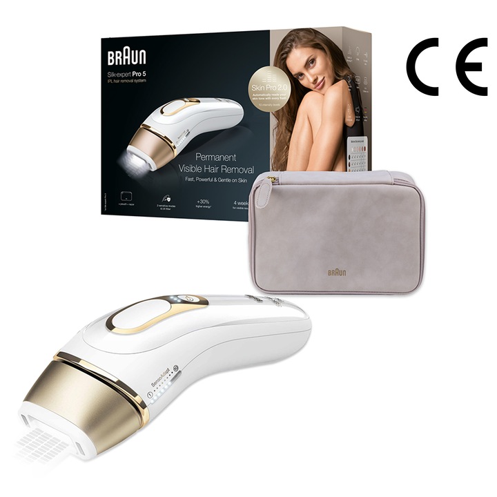 Epilator IPL Braun Silk-expert PRO 5 PL5054 Senzor automat & continuu Skin pro 2.0, 400.000 impulsuri, 10 niveluri de intensitate, 125 de impulsuri pe minut, Trusa de voiaj, Aparat de ras Venus, Alb/Auriu