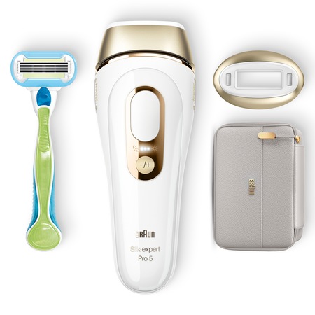 Epilator IPL Braun Silk-expert PRO 5 PL5054 Senzor automat & continuu Skin pro 2.0, 400.000 impulsuri, 10 niveluri de intensitate, 125 de impulsuri pe minut, Trusa de voiaj, Aparat de ras Venus, Alb/Auriu