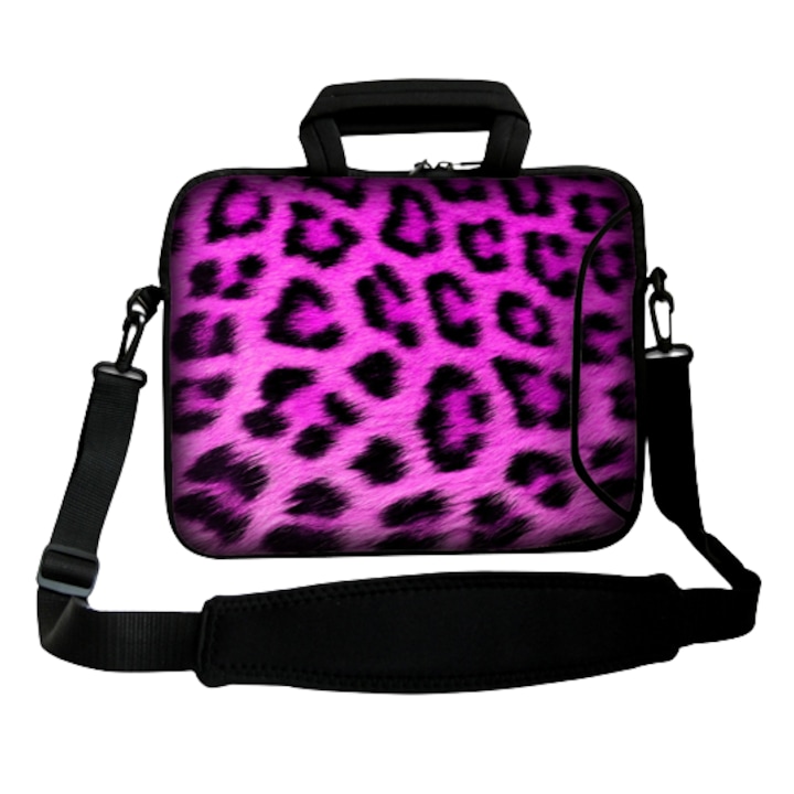 Geanta laptop Leopard, Neopren, 15.6'', 39x30 cm, Roz/Negru