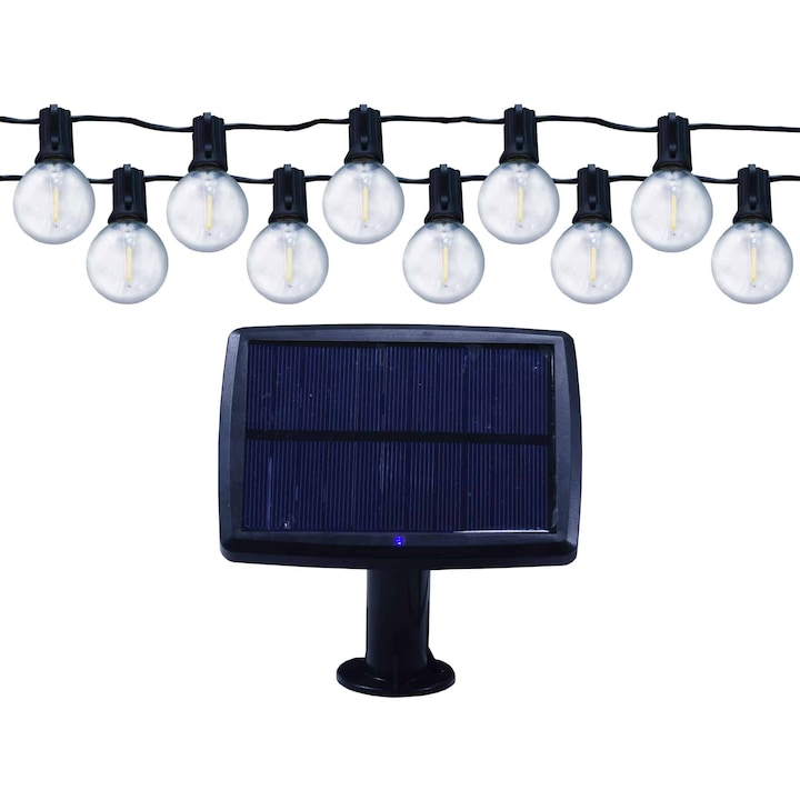 Ghirlanda luminoasa LED cu panou solar Lohuis, pentru exterior, 10 becuri filament LED G40, 5.5m, acumulator 18650, 2700K