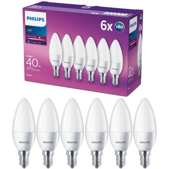 Set 6 becuri LED Philips, E14, 5.5W (40W), 470 lm, Clasa energetica F,lumina calda Set 6 becuri LED Philips, E14, 5.5W (40W), 470 lm, Clasa energetica F,lumina calda