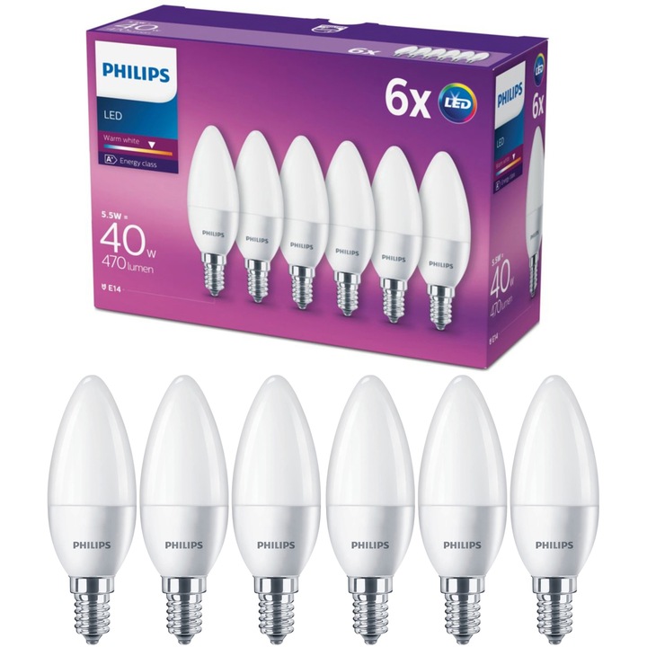 Philips 6 darabos meleg fényű LED izzó készlet, E14, 5.5W (40W), 470 lm, A+