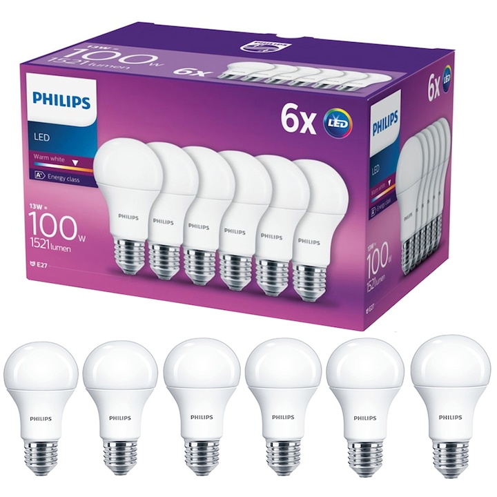 Philips 6 darabos LED izzó készlet, E27, 13W (100W), 1521 lm, A, Meleg fehér