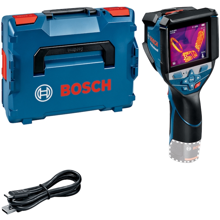 Camera termica digitala pe acumulator Bosch Professional GTC 600 C, 12 V, -20°C/+600°C domeniu lucru, ± 2°C precizie, compatibil cu IOS/Android, cutie L-Boxx, insertie scula electrica/accesorii, cablu USB-C