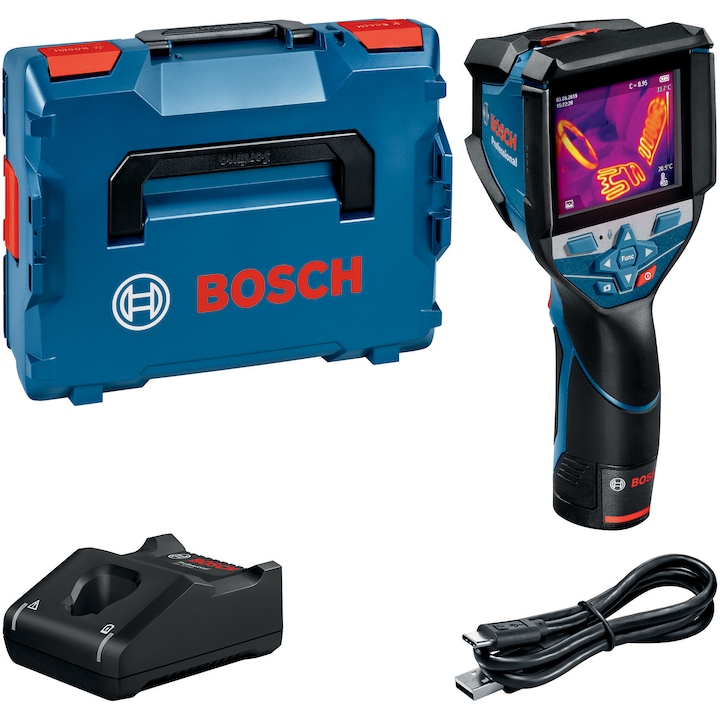 Camera termica pe acumulator Bosch Professional GTC 600 C, 12 V, -20°C/+600°C domeniu masurare, ± 2.0°C precizie, USB-C, WiFi, 3.5" display, insertie L-Boxx scula electrica/accesorii, incarcator, acumulator, cablu USB-C, cutie L-Boxx