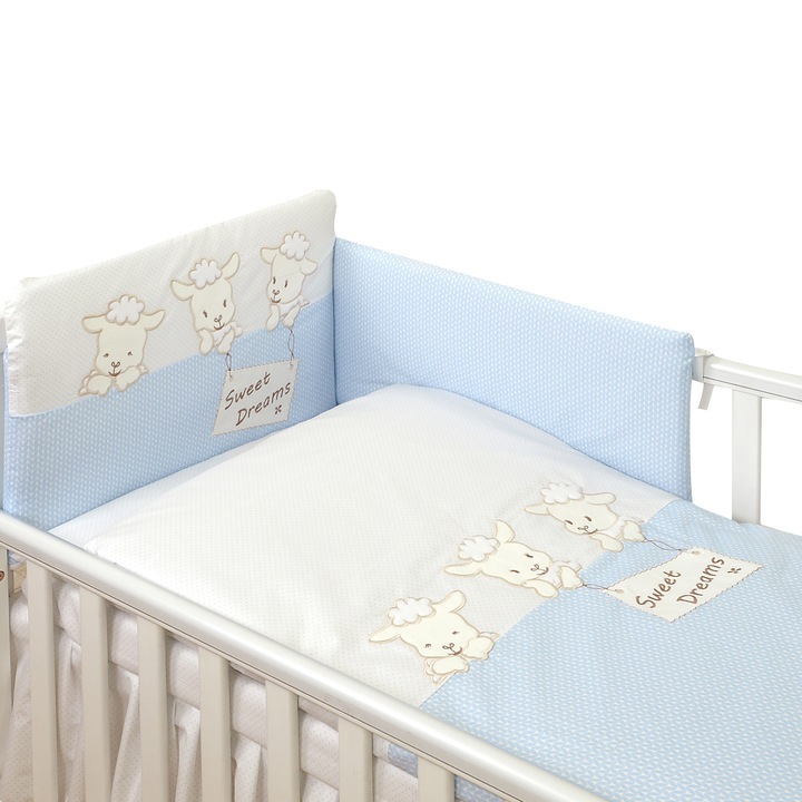 Set lenjerie din bumbac, cu protectie laterala pentru pat bebe 120 x 60 cm, Sweet Dreams Blue
