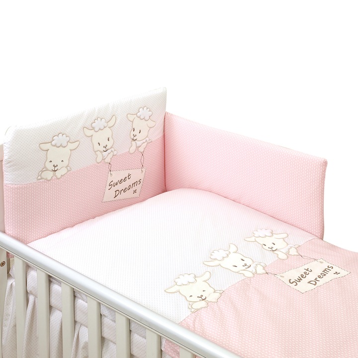 Set lenjerie din bumbac, cu protectie laterala pentru pat bebe 120 x 60 cm, Sweet Dreams Roz