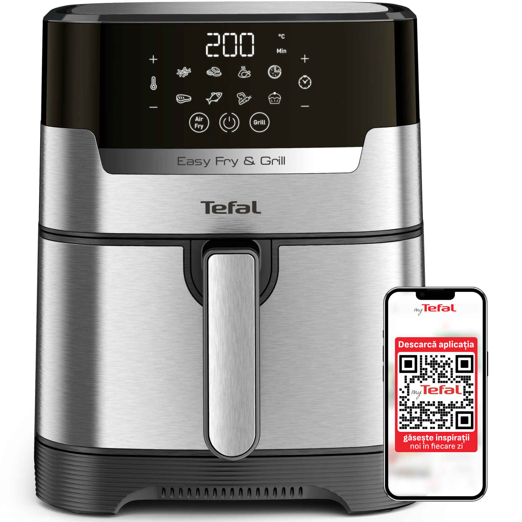 Friteuza cu aer cald Tefal Easy Fry&Grill 2in1 air fryer EY505D15, 1400W, 4.2L, temperatura ajustabila, 8 programe, functie grill cu gratar incorporat, tehnologie Extra Crisp, vas detasabil, argintiu & negru