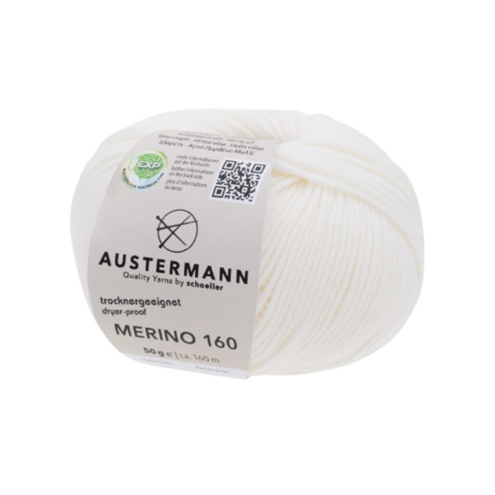 Fir lana 100% Austermann Merino 160 m de tricotat si crosetat, Alb Stralucitor