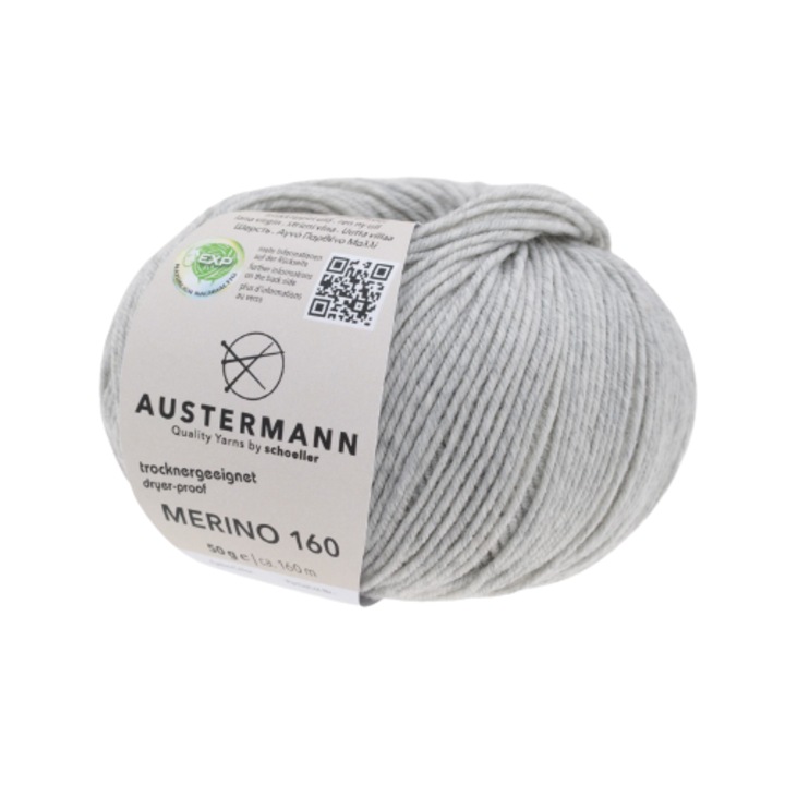 Fir lana 100% Austermann Merino 160 m de tricotat si crosetat, Gri Deschis