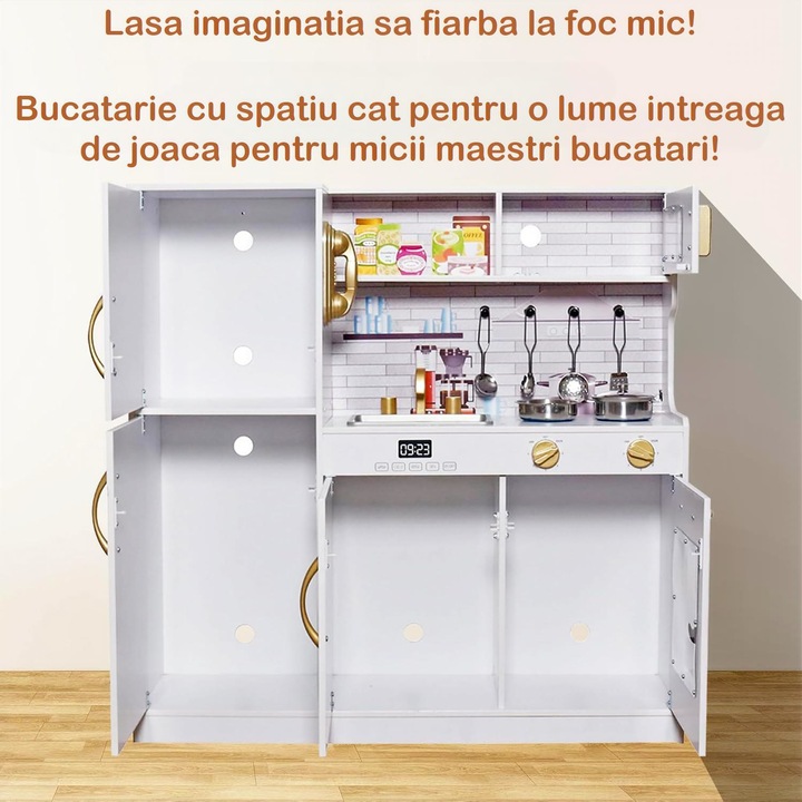 Set Bucatarie pentru Copii din Lemn Natural, FrenchCuisine, KinderVibe, Spot LED, Elemente Detasabile, Set Ustensile, Cuptor cu Butoane, Telefon, Plita, Microunde, Chiuveta, 80.5 CM Inaltime, Alb/Auriu