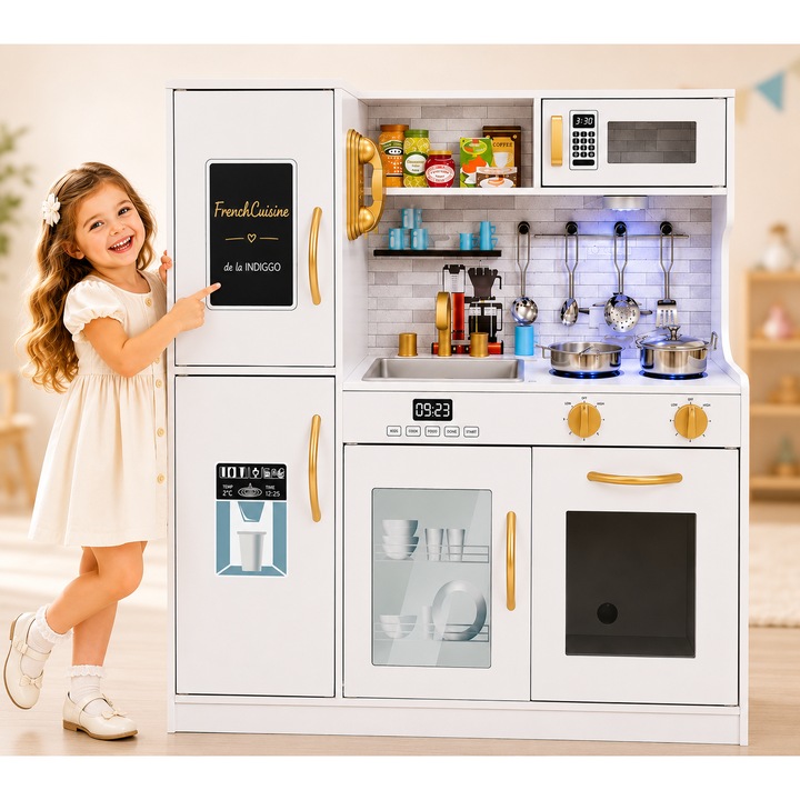 Set Bucatarie pentru Copii din Lemn Natural, FrenchCuisine, KinderVibe, Spot LED, Elemente Detasabile, Set Ustensile, Cuptor cu Butoane, Telefon, Plita, Microunde, Chiuveta, 80.5 CM Inaltime, Alb/Auriu