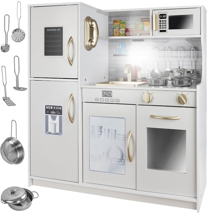 Детски кухненски комплект, Дърво, FrenchCuisine, KinderVibe, LED осветление и звуци, Подвижни елементи, Прибори, Фурна с бутони, Телефон, Котлон, Микровълнова, Мивка, 80,5 см височина, Бял/Златист