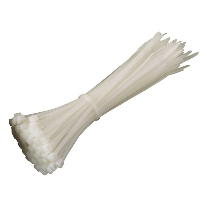 Coliere pentru cabluri TOLSEN din nailon 3.6x140mm, alb, set 100 buc, UL 94V-2 nailon 66, diametru maxim reglabil, pentru organizare cabluri, instalatii electrice si uz general