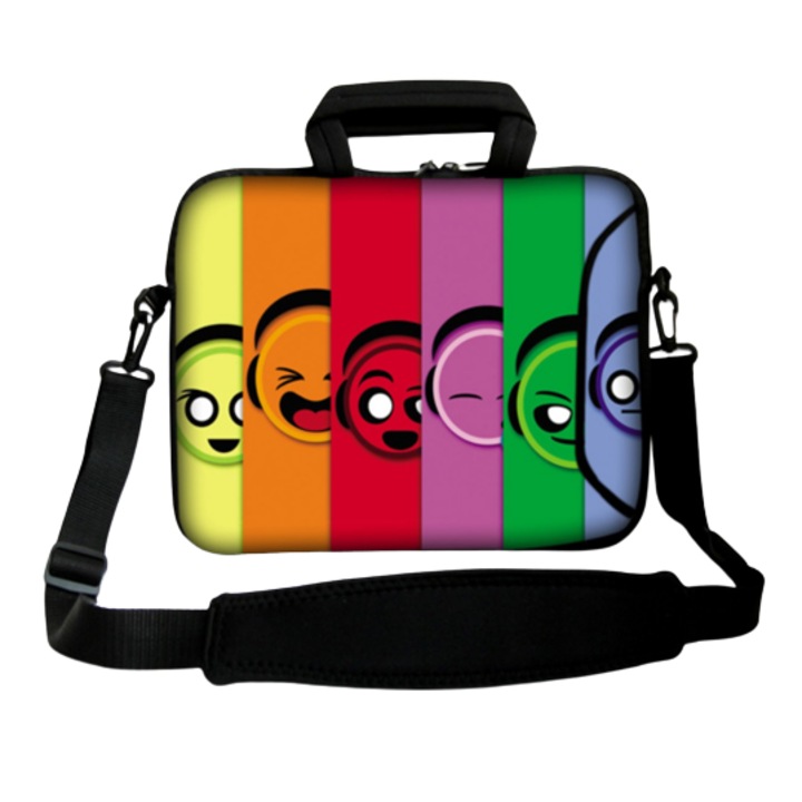 Geanta laptop Emoticon, Neopren, 10.2'', Curea detasabila, 29x21.5x1.5 cm, Multicolor