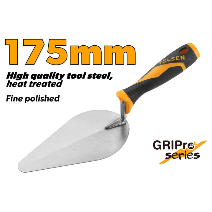 Mistrie rotunda zidarie TOLSEN GRIPro 175 mm, maner ergonomic 2 componente, tija 9.5 mm, pentru aplicare precisa a mortarului, ideala pentru caramizi