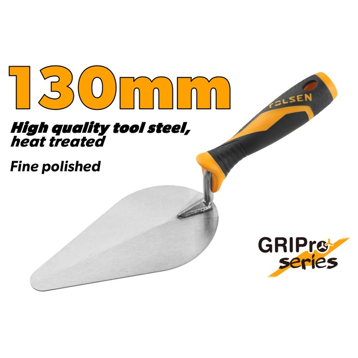 Mistrie rotunda zidarie TOLSEN GRIPro 130 mm, maner ergonomic 2 componente, tija 7.5 mm, pentru aplicare precisa a mortarului, ideala pentru caramizi