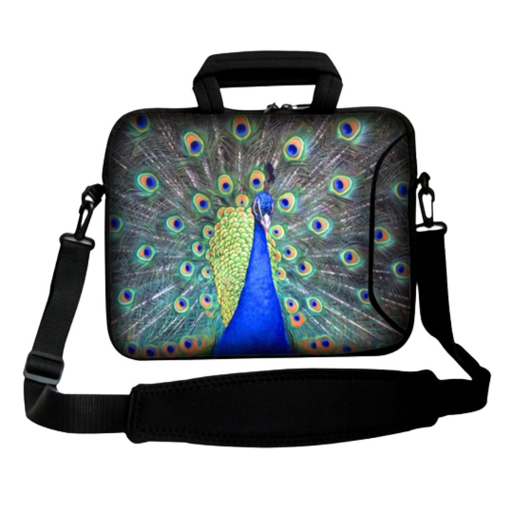 Geanta laptop Paun, Neopren, 10.2'', Curea detasabila, 29x21.5x1.5 cm, Multicolor