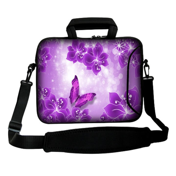 Geanta laptop Floral, Neopren, 10.2'', Curea detasabila, 29x21.5x1.5 cm, Mov/Alb