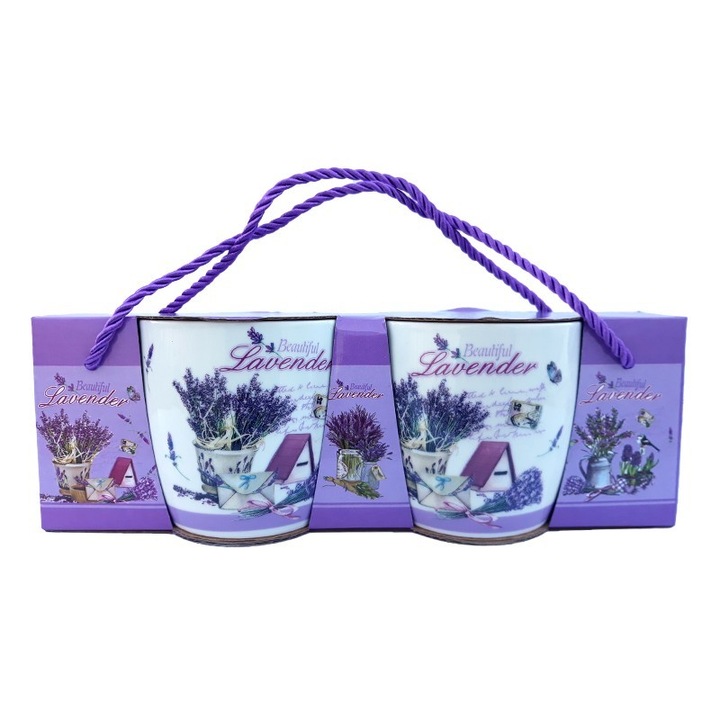 Set format din doua cani din ceramica, cu lavanda, ambalate in cutie poseta, 150ml, Model3