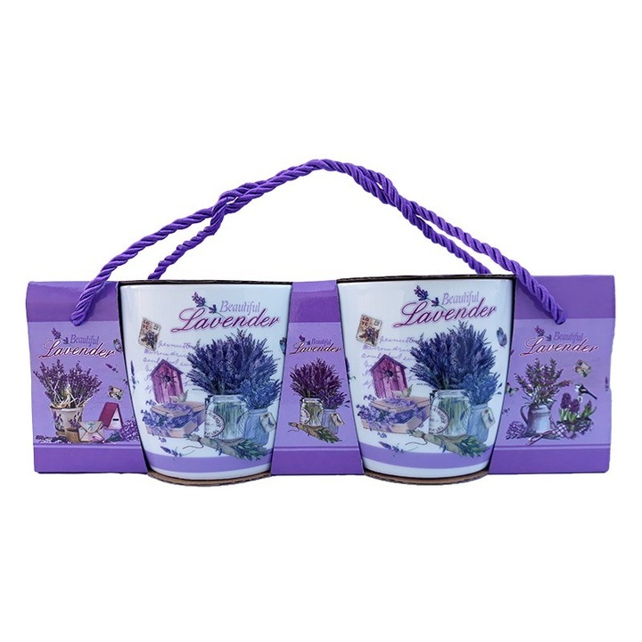 Set format din doua cani din ceramica, cu lavanda, ambalate in cutie poseta, 150ml, Model2