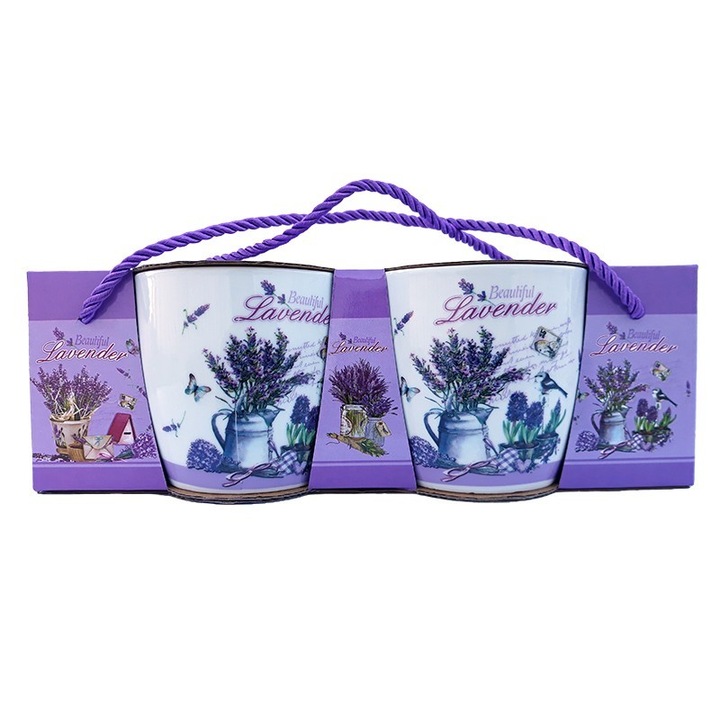 Set format din doua cani din ceramica, cu lavanda, ambalate in cutie poseta, 150ml, Model1