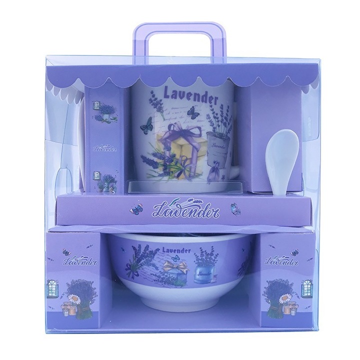 Set 4 piese format din cana din ceramica cu lingurita si bol cu lavanda, 19cm, Model2