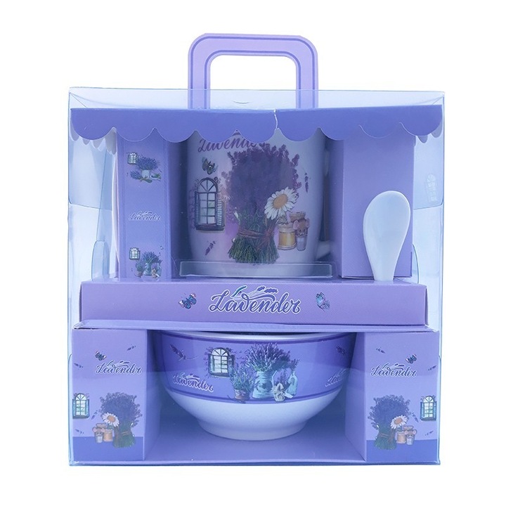 Set 4 piese format din cana din ceramica cu lingurita si bol cu lavanda, 19cm, Model1