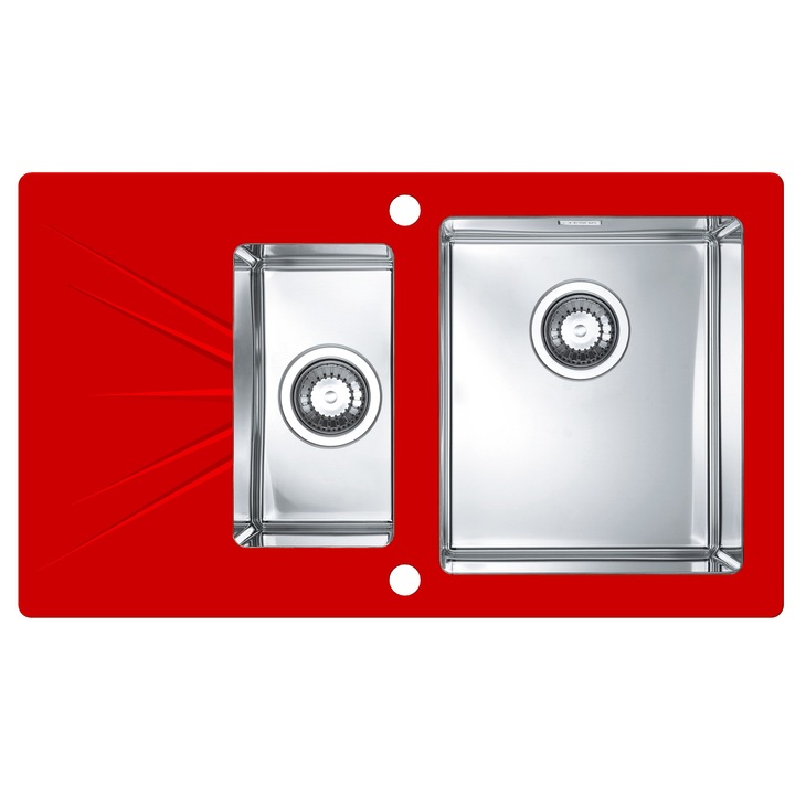 Chiuveta Alveus Karat 20 cuva dreapta, sticla securizata si inox, rosu 860x500 mm si sifon pop up