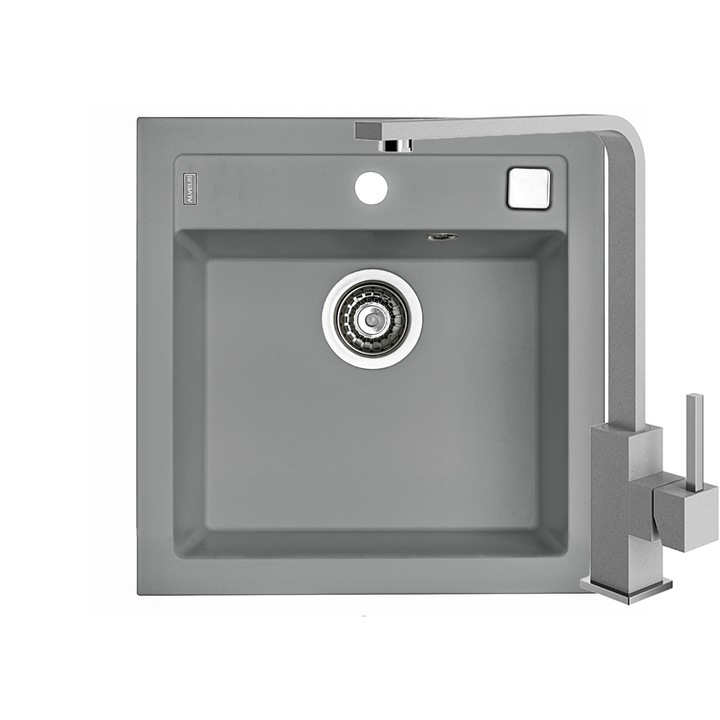 Set chiuveta Alveus Formic 20 gri, material compozit, sifon pop-up inclus, 520x510x200mm si Baterie Jenny Gri