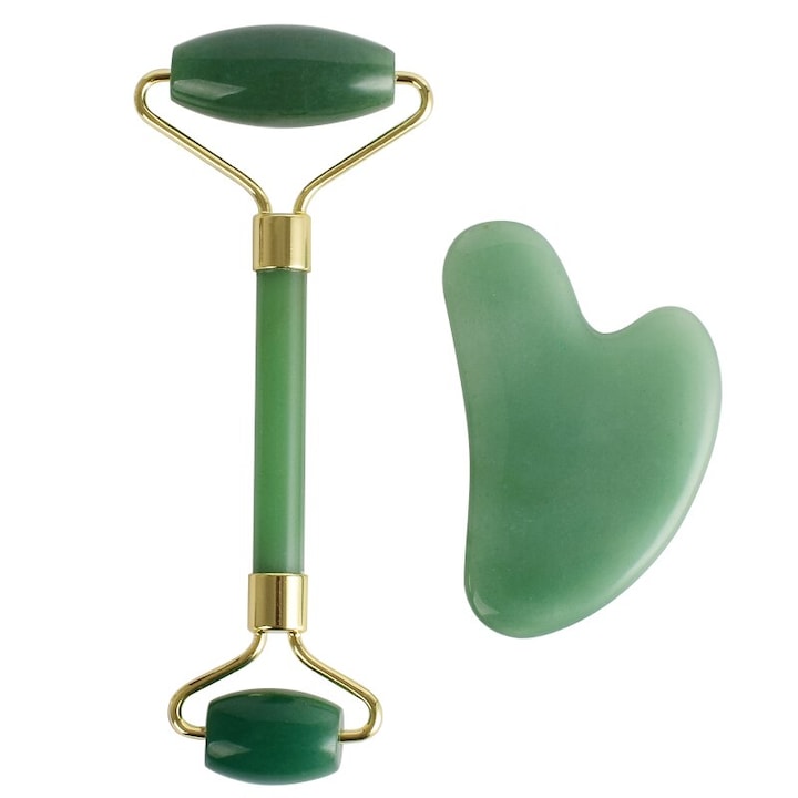 Кварцова ролка Aventurine за масаж на лице и тяло, Jade Roller, Gua Sha камък включени, функция против бръчки, тонизиране, облекчаване на тъмните кръгове