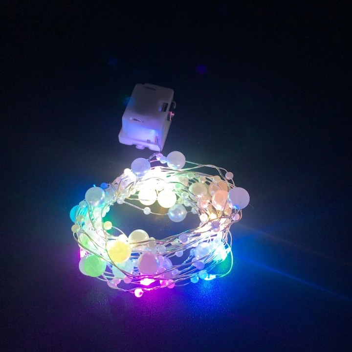 Instalatie decorativa micro LED cu 20 becuri, cu baterii, fir de 2 m-Perla, culoare multicolor