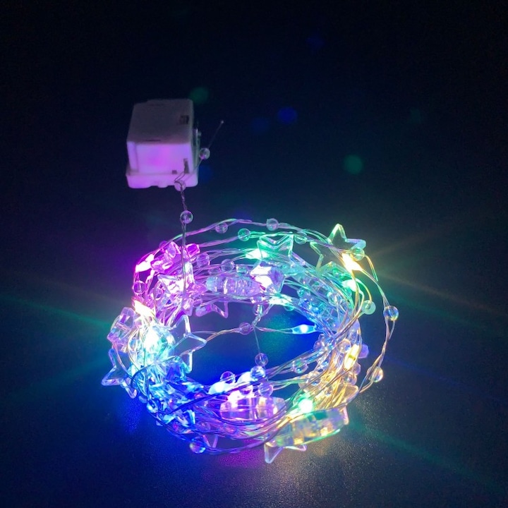 Instalatie decorativa micro LED cu 20 becuri, cu baterii, fir de 2 m-STEA, culoare multicolor
