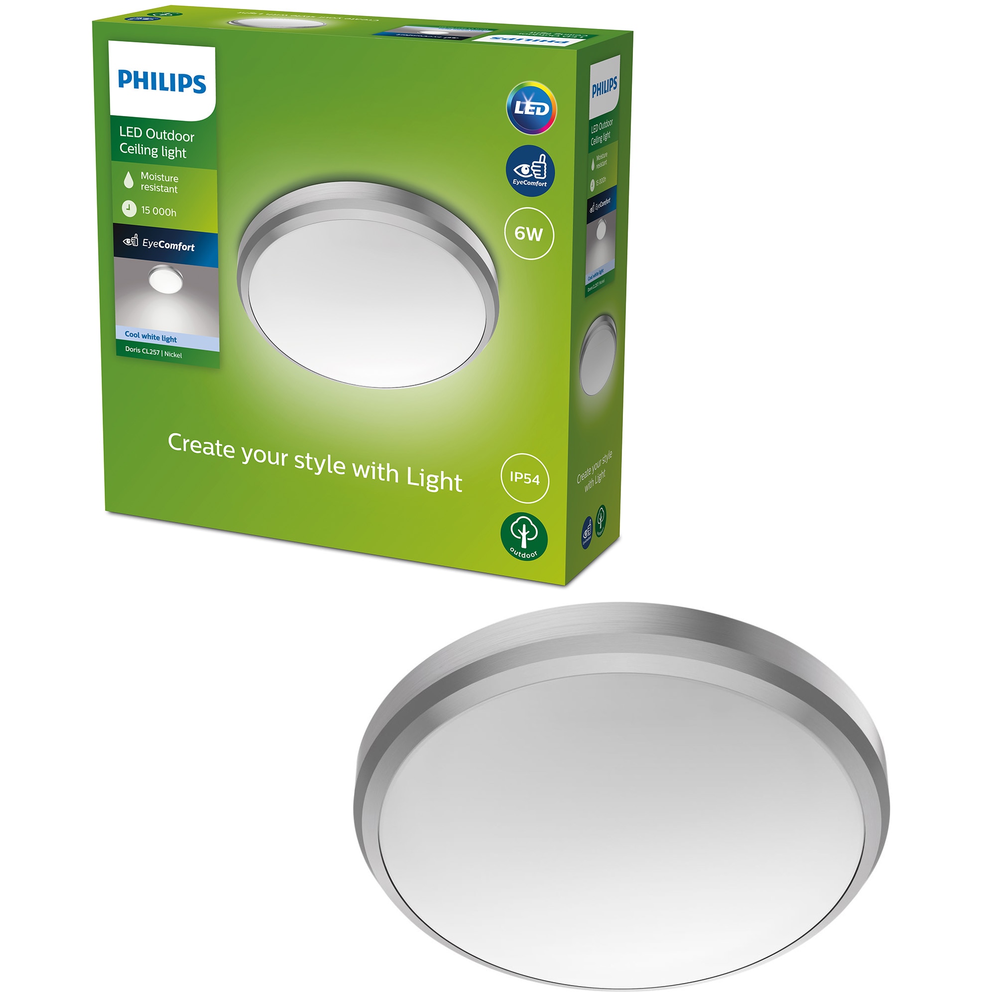 Plafoniera LED iluminat exterior Philips Doris, 6W, 640 lm, temperatura lumina neutra (4000K), IP54, 22cm, Nichel, clasa energetica E