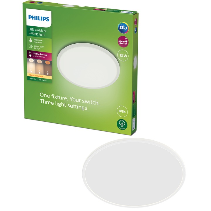 Plafoniera LED iluminat exterior Philips SuperSlim, 15W, 1300 lm, temperatura lumina calda (2700K), IP54, 25 cm, Alb, clasa energetica E