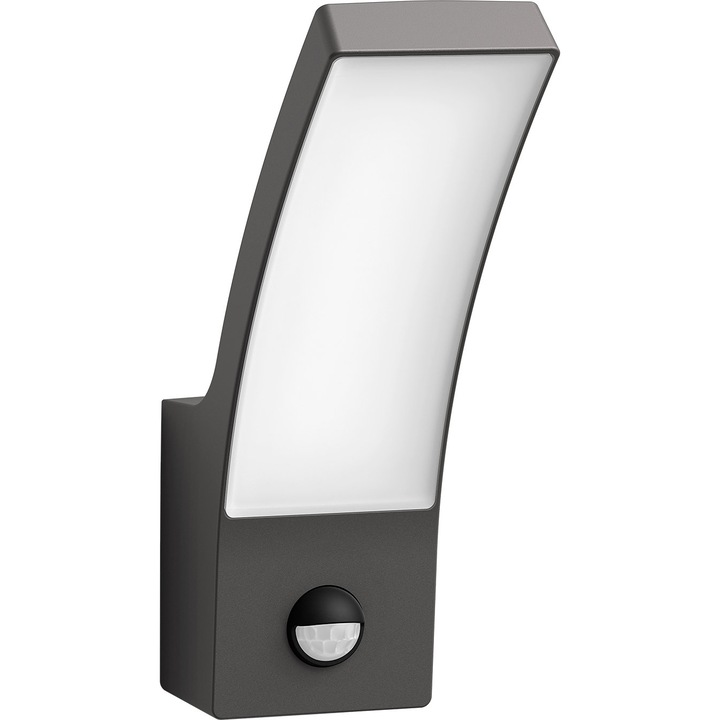 Aplica LED iluminat exterior Philips Splay, cu senozr de miscare IR, 12W, 1100 lm, temperatura lumina calda (2700K), IP44, Antracit, clasa energetica E