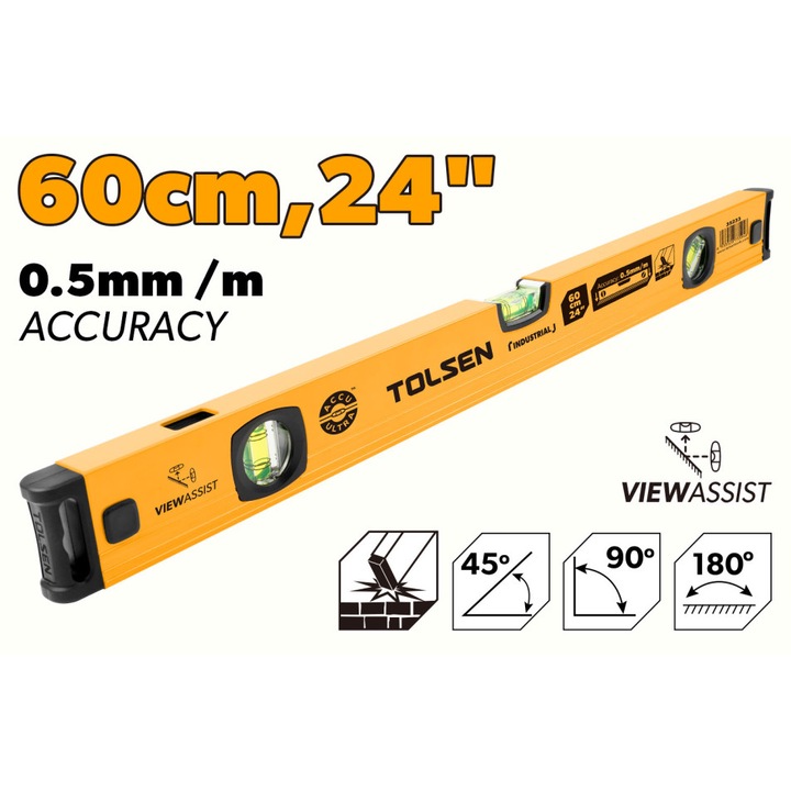 Nivela TOLSEN Industrial 60cm cu 3 fiole 90°/180°/45°, vizualizare dubla, cadru aluminiu cu acoperire pulbere, fund frezat, precizie 0.5mm/m, capete antishock